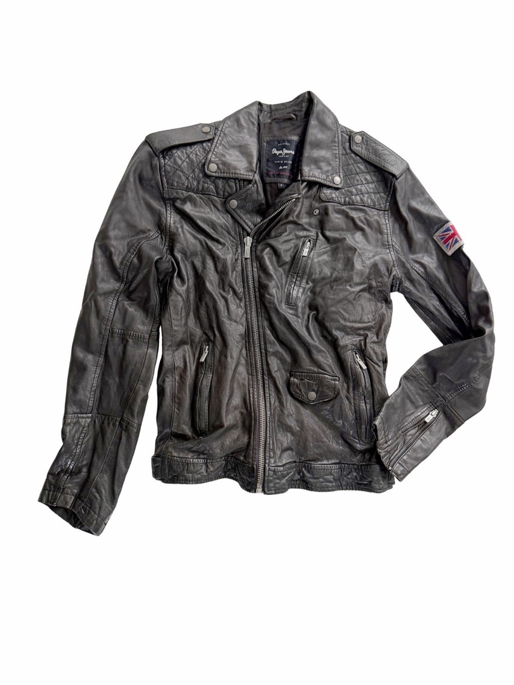 Pepe Jeans London Vintage Distressed Black Leather Moto Jacket